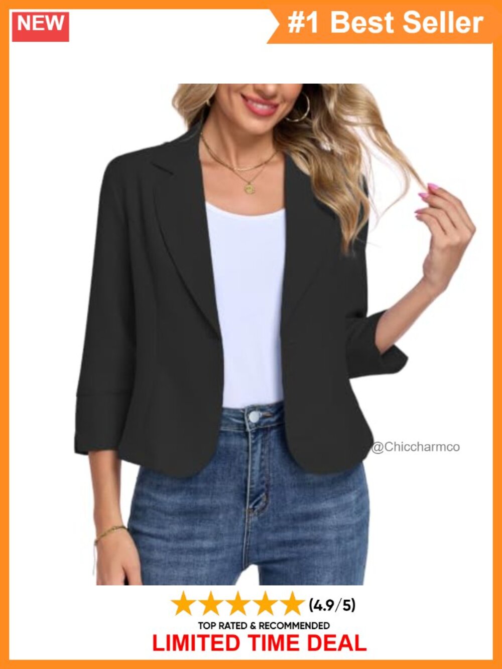 95% Polyester Cropped Blazer Notch Lapel 3/4 Sleeve Business Casual